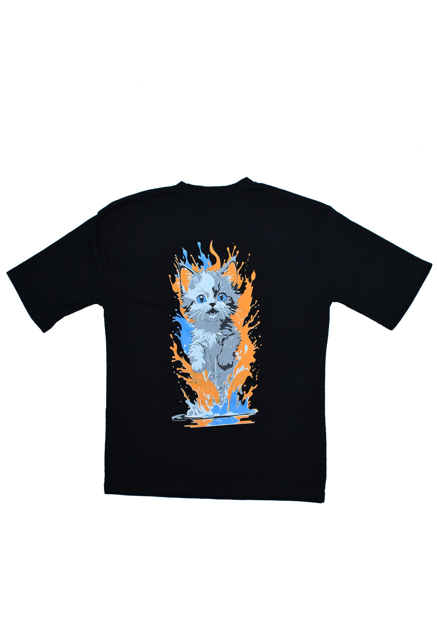 Fire & Ice Cat Graphic Drop Shoulder Shirt | Black Unisex