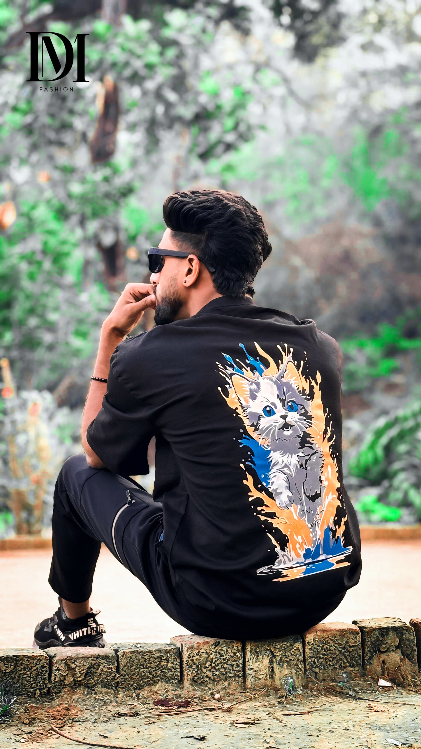 Fire & Ice Cat Graphic Drop Shoulder Shirt | Black Unisex