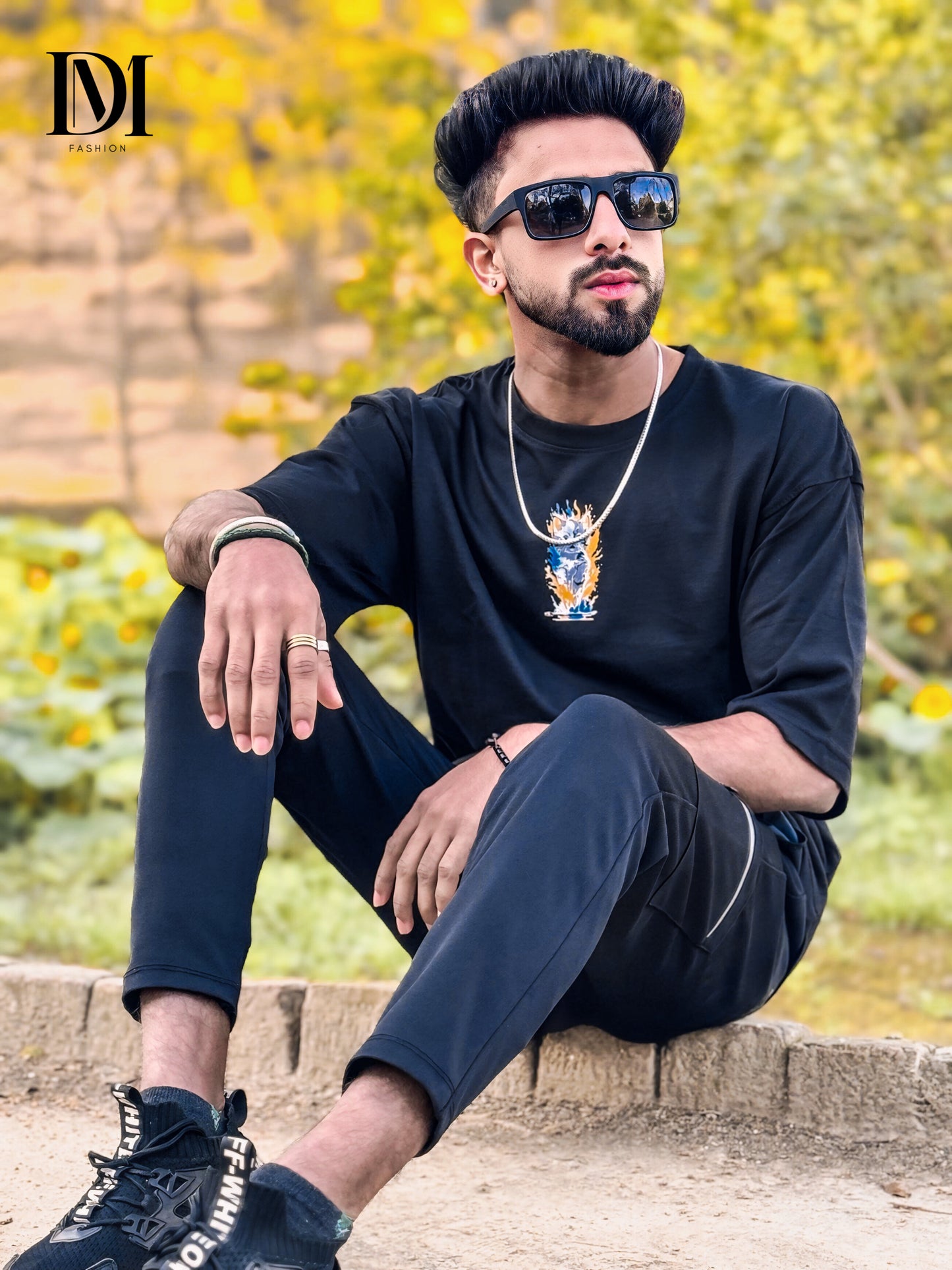 Fire & Ice Cat Graphic Drop Shoulder Shirt | Black Unisex