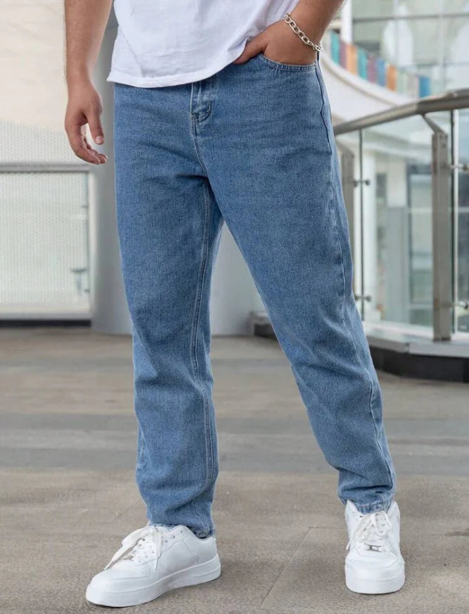 Men's Casual Loose Fit Straight Leg Jeans | Mid Blue