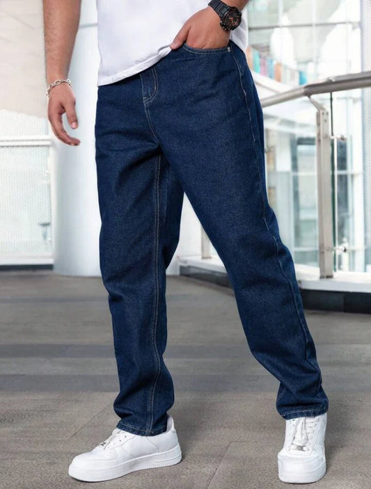 Men's Casual Loose Fit Straight Leg Jeans | Dark Blue